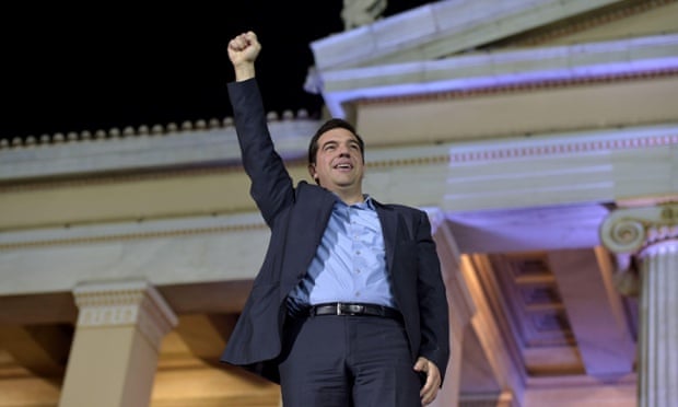 40-year-old Alexis Tsipras delivering his victory speech last night.