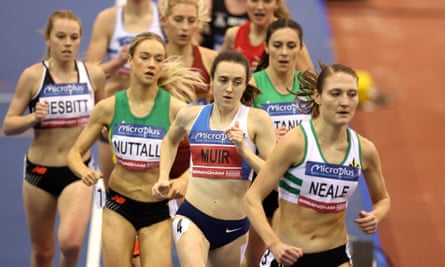 Laura Muir (centre) on her way to victory in the 3,000m final at the UK Athletics Indoor Championship.