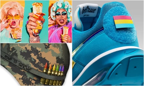 top left: image of drag queens eating, from taco bell; right: image of sneaker with flag on the back; bottom left: military helmet with rainbow-colored bullets attached to it