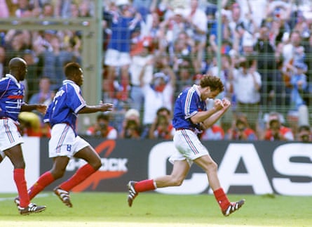 Laurent Blanc celebrates after scoring a golden goal for France against Paraguay in 1998.