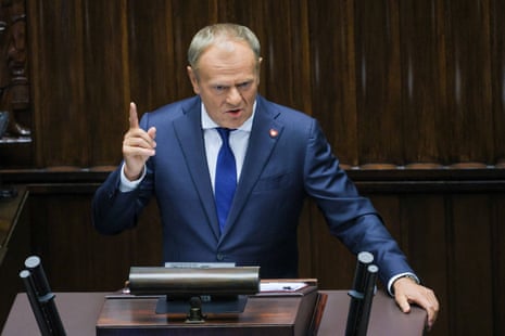 Poland's prime minister Donald Tusk delivers a policy speech to the lower house and asks parliament for a vote of confidence to reaffirm support for his government at the Sejm building in Warsaw, Poland.