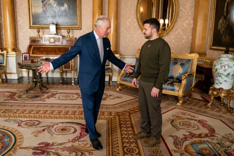 Britain’s King Charles III meets Ukrainian President Volodymyr Zelenskiy during his first visit to the UK since the Russian invasion of Ukraine at Buckingham Palace, London.