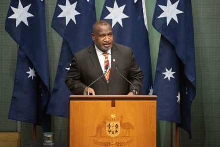 The prime minister of Papua New Guinea, James Marape in the House of Representatives chamber during a special joint sitting in Parliament House, Canberra this morning. Thursday 8 February 2024. Photograph by Mike Bowers. Guardian Australia.