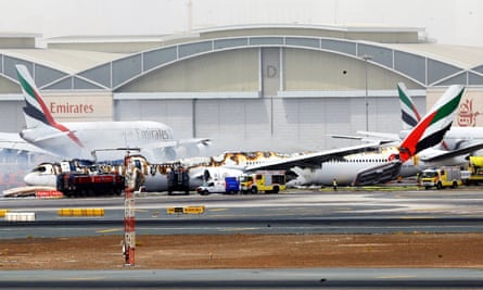 The gutted fuselage of the Emirates Boeing 777 that crash-landed at Dubai international airport