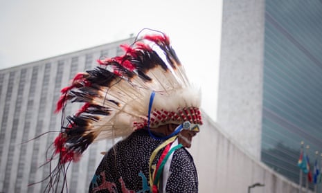 Travis Mazawaficuna of the Dakota Nation (Sioux) Native American tribe arrives with others to the International Day of the World’s Indigenous Peoples outside the United Nations in 2013.