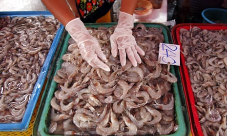 Sorting fresh prawns at a fish market in Thailand