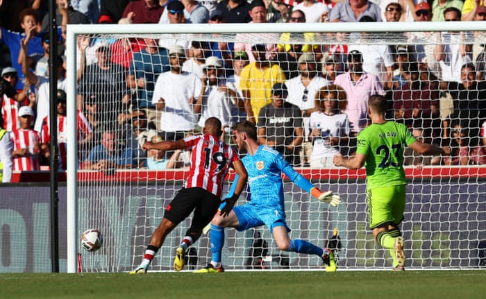 Brentford's Bryan Mbeumo fires in their fourth goal.