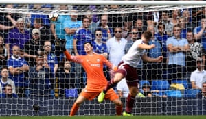 Burnley’s Sam Vokes scores their third goal as they beat the champions Chelsea 3-2 at Stamford Bridge.