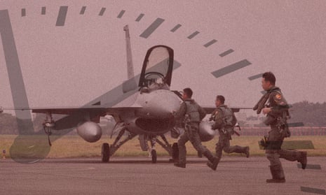 Taiwan air force pilots run toward F-16V fighter jets