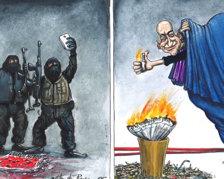 Cartoon of the Charlie Hebdo attack and Jeff Bezos buying the Washington Post