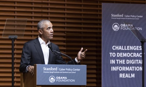 Former president Barack Obama speaking at Stanford University on Thursday.