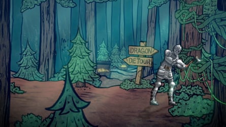 illustration of person in armor walking through woods
