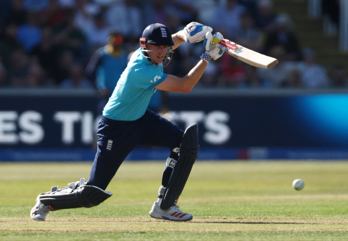 England's Harry Brook drives during his innings of 67