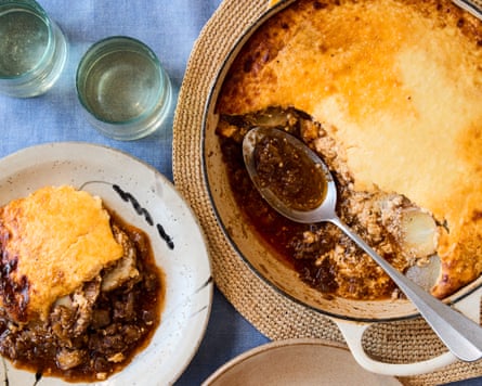 Moussaka in a pan and plate.