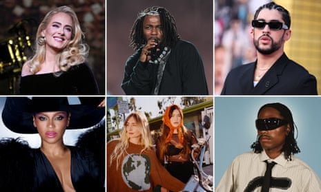 The runners and riders … clockwise from top left: Adele, Kendrick Lamar, Bad Bunny, Steve Lacy, Wet Leg, Beyoncé.