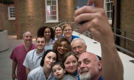 Jeremy Corbyn poses for a selfie with NHS nurses, student nurses and midwives, after meeting them at Unison HQ to discuss Labour’s election guarantee for NHS staff.