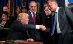 Donald Trump, David Shulkin, Laura Perlmutter, Isaac Perlmutter<br>FILE: President Donald Trump, left, accompanied by Veterans Affairs Secretary David Shulkin, center, shakes hands with Isaac “Ike” Perlmutter, an Israeli-American billionaire, and the CEO of Marvel, right, before signing an Executive Order on “Improving Accountability and Whistleblower Protection” at the Department of Veterans Affairs, Thursday, April 27, 2017, in Washington. Also pictured is Laura Perlmutter, second from right. (AP Photo/Andrew Harnik)