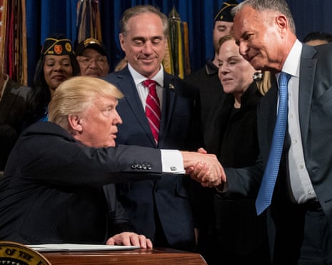Donald Trump, David Shulkin, Laura Perlmutter, Isaac Perlmutter<br>FILE: President Donald Trump, left, accompanied by Veterans Affairs Secretary David Shulkin, center, shakes hands with Isaac “Ike” Perlmutter, an Israeli-American billionaire, and the CEO of Marvel, right, before signing an Executive Order on “Improving Accountability and Whistleblower Protection” at the Department of Veterans Affairs, Thursday, April 27, 2017, in Washington. Also pictured is Laura Perlmutter, second from right. (AP Photo/Andrew Harnik)