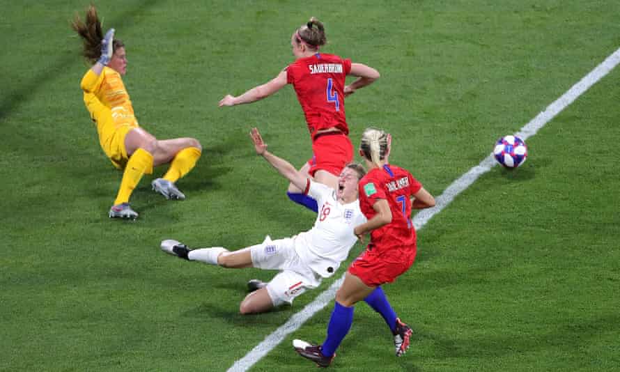Ellen White is fouled by Becky Sauerbrunn in the 2019 World Cup semi-final. Abby Dahlkemper (right) is now a teammate at Manchester City.