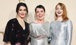 Rachel Weisz, Olivia Colman and Emma Stone at the premiere of The Favourite.