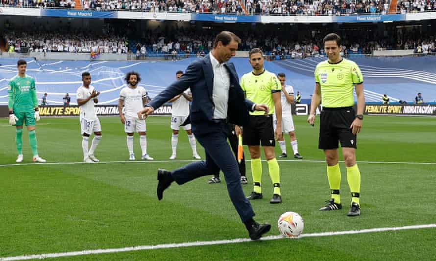 Rafael Nadal took an honorary kick-off before Real Madrid match with Espanyol on Saturday.