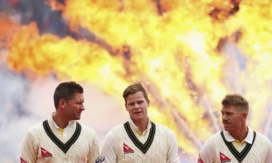 Michael Clarke, Steve Smith and David Warner of Australia look on during the opening ceremony of the First Test.