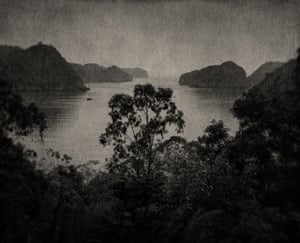 A dim lake view, with trees silhouetted in the foreground. It looks more like a charcoal drawing than a photo