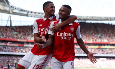 Gabriel Jesus is congratulated by William Saliba after scoring the second of his two goals in Arsenal’s 4-2 win.
