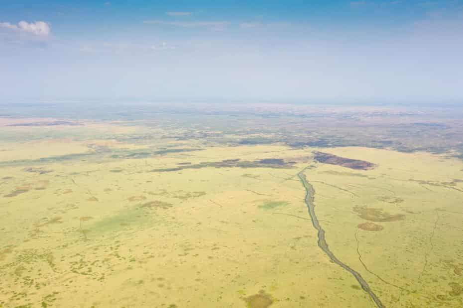 Aerial view of the bed of Lake Chilwa, now covered in grass, October 2020