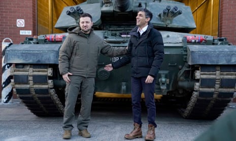 prime minister Rishi Sunak and Ukrainian president Volodymyr Zelenskiy meet Ukrainian troops being trained to command Challenger 2 tanks at a military facility in Lulworth, Dorset.