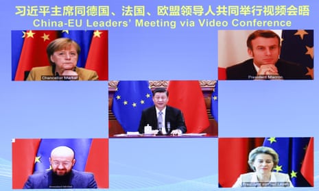 The Chinese president, Xi Jinping, meeting Angela Merkel, Emmanuel Macron, Charles Michel and Ursula von der Leyen via video link on 30 December.