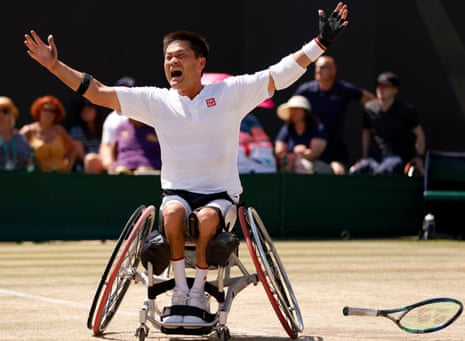 Shingo Kunieda celebrates after beating Alfie Hewett to win his 28th grand slam title at Wimbledon