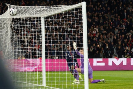 Ousmane Dembélé scores PSG’s second in their 5-0 win against Marseille.