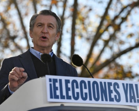 The leader of the People’s party, Alberto Núñez Feijóo, speaks during a rally in Madrid