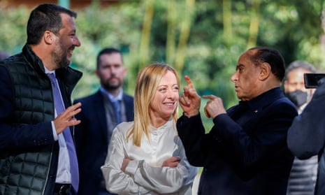 Giorgia Meloni (centre), who is in pole position to become prime minister, with Matteo Salvini (left) and Silvio Berlusconi in Rome in October 2021.