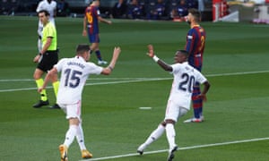 Real Madrid’s Federico Valverde celebrates scoring their first goal with Vinicius Junior.