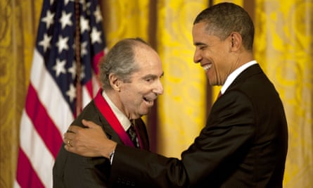 Barack Obama awarding the 2011 Medal of Art and Humanities to Philip Roth at the White House, March 2011.