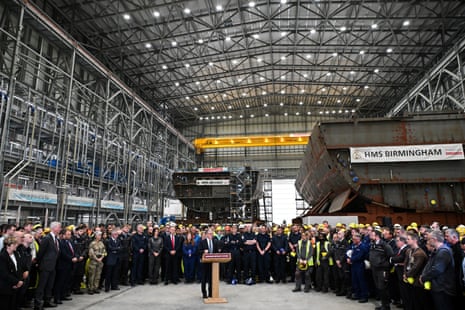 Keir Starmer giving his speech at the BAE Systems shipyard in Govan, Glasgow.