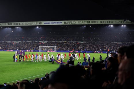 Leeds United and Nottingham Forest players take to the pitch prior to their Premier League match.