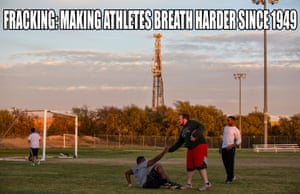 A fracking rig stands behind the athletic fields in Denton, Texas.