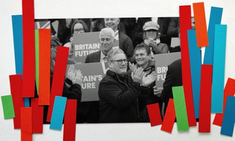 Black and white image of Keir Starmer clapping with supporters, covered by red, green and blue strips