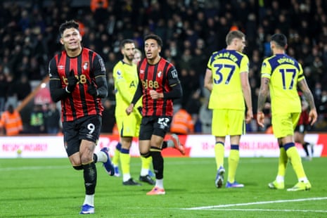 Evanilson of Bournemouth celebrates after he scores a goal to make it 1-1 against Tottenham Hotspur.