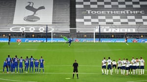Chelsea players and Tottenham Hotspur players look on as Mason Mount of Chelsea misses his team’s fifth penalty in the penalty shoot out, meaning Tottenham Hotspur win their Carabao Cup fourth round match.
