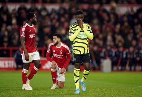 Arsenal's Bukayo Saka rues a missed chance.