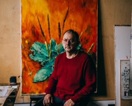 Pavlo Makov posing for a portrait at his art studio in Kharkiv.