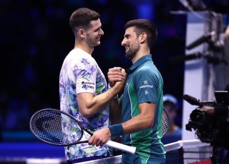 Hubert Hurkacz and Novak Djokovic shake hands at the net. Djokovic was just too strong in the end.