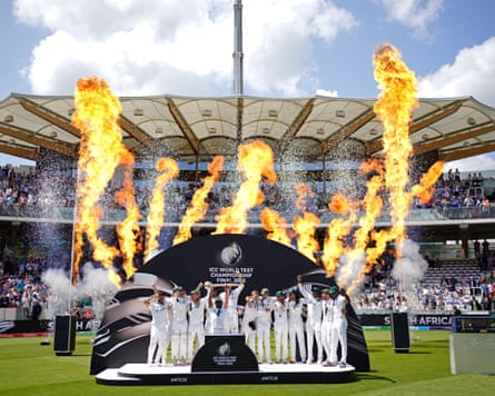 South Africa captain Temba Bavuma (centre) and teammates with the World Test Championship trophy at Lord’s.
