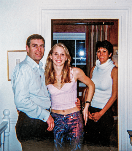 Prince Andrew on the left with his arm around Virginia Roberts Giuffre’s waist, and Ghislaine Maxwell on the right leaning on a door frame