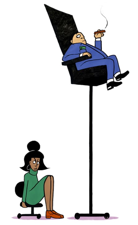 Illustration of man on high chair and woman on low chair