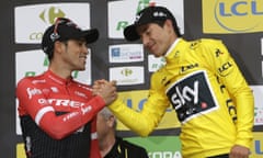 Sergio Henao (right) is congratulated by Alberto Contador (left) after his narrow Paris-Nice victory.